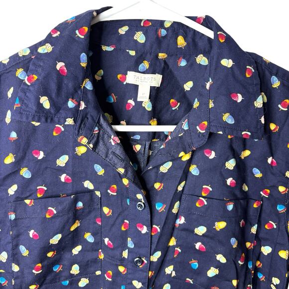 Talbots Button Up Navy All Over Acorn Print Shirt Blouse Teachercore Size P - Picture 3 of 9